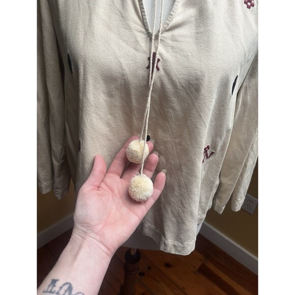 Madewell Women Shirt Small Silk Red Embroidered Aztec Print Tassel Poms Top - Picture 9 of 16